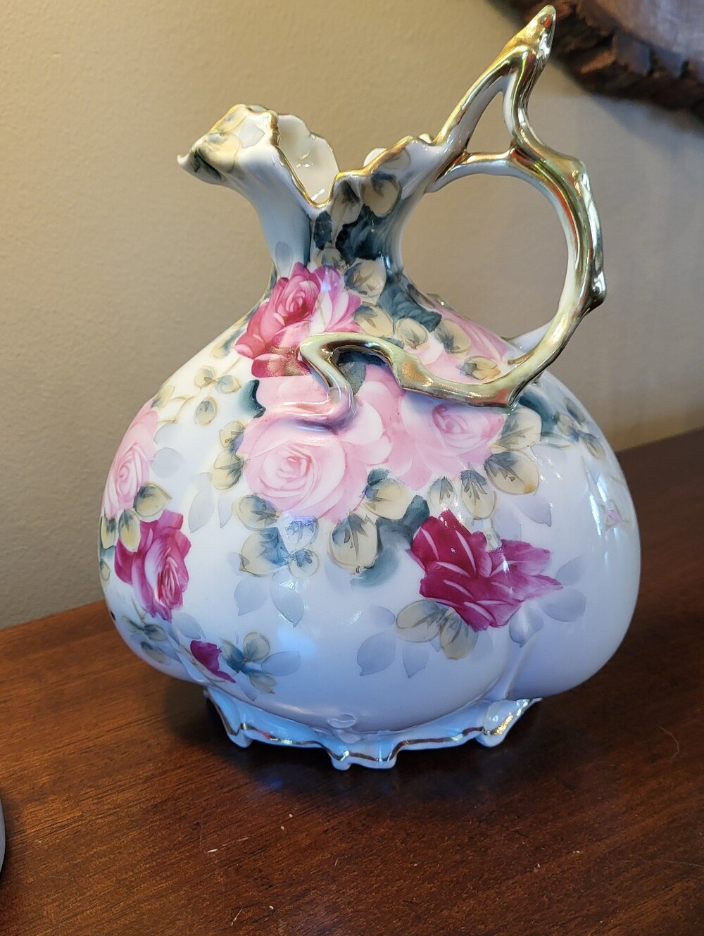 Antique Nippon Japanese Pitcher/Ewer Porcelain Hand Painted Floral Roses Gilded